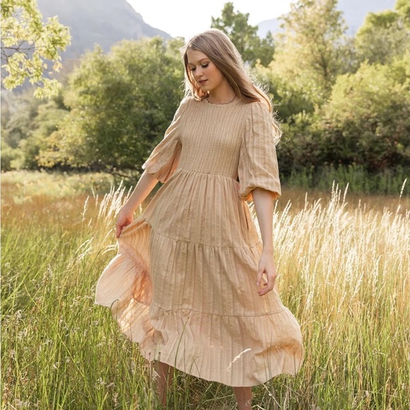 NWT Esme Smocked Modest Midi Dress with Pockets - Tan - Picture 1 of 9